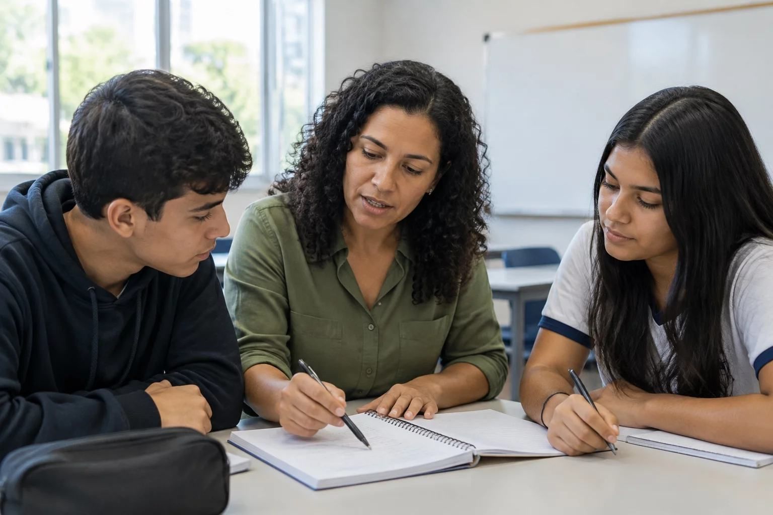 Professor e alunos revisando um argumento